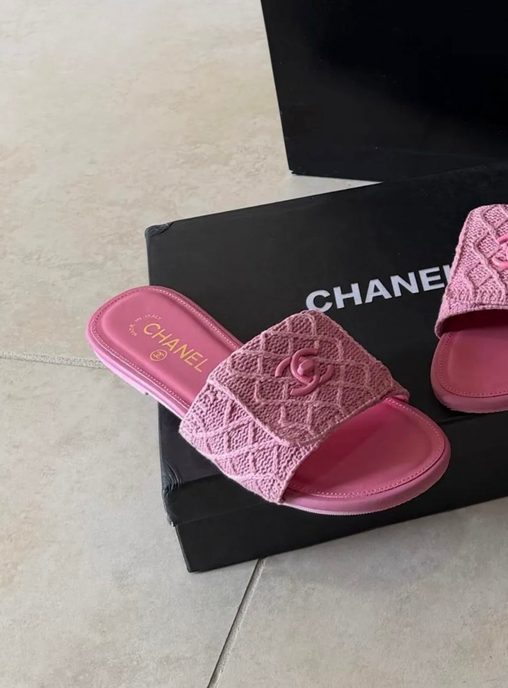 Pink Knit Chanel Slides